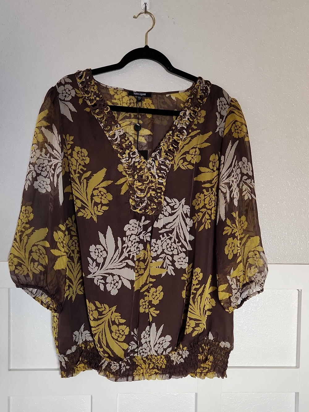Daniel Rainn Brown & Mustard Floral V-Neck Blouse